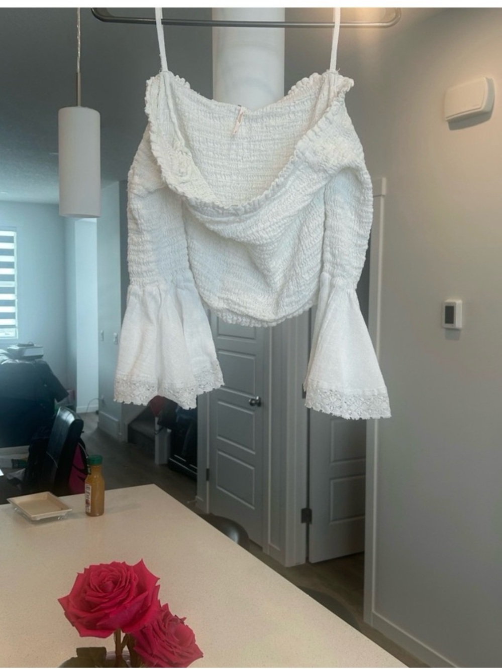 Free People White Smocked Off-Shoulder Bell-Sleeve Top